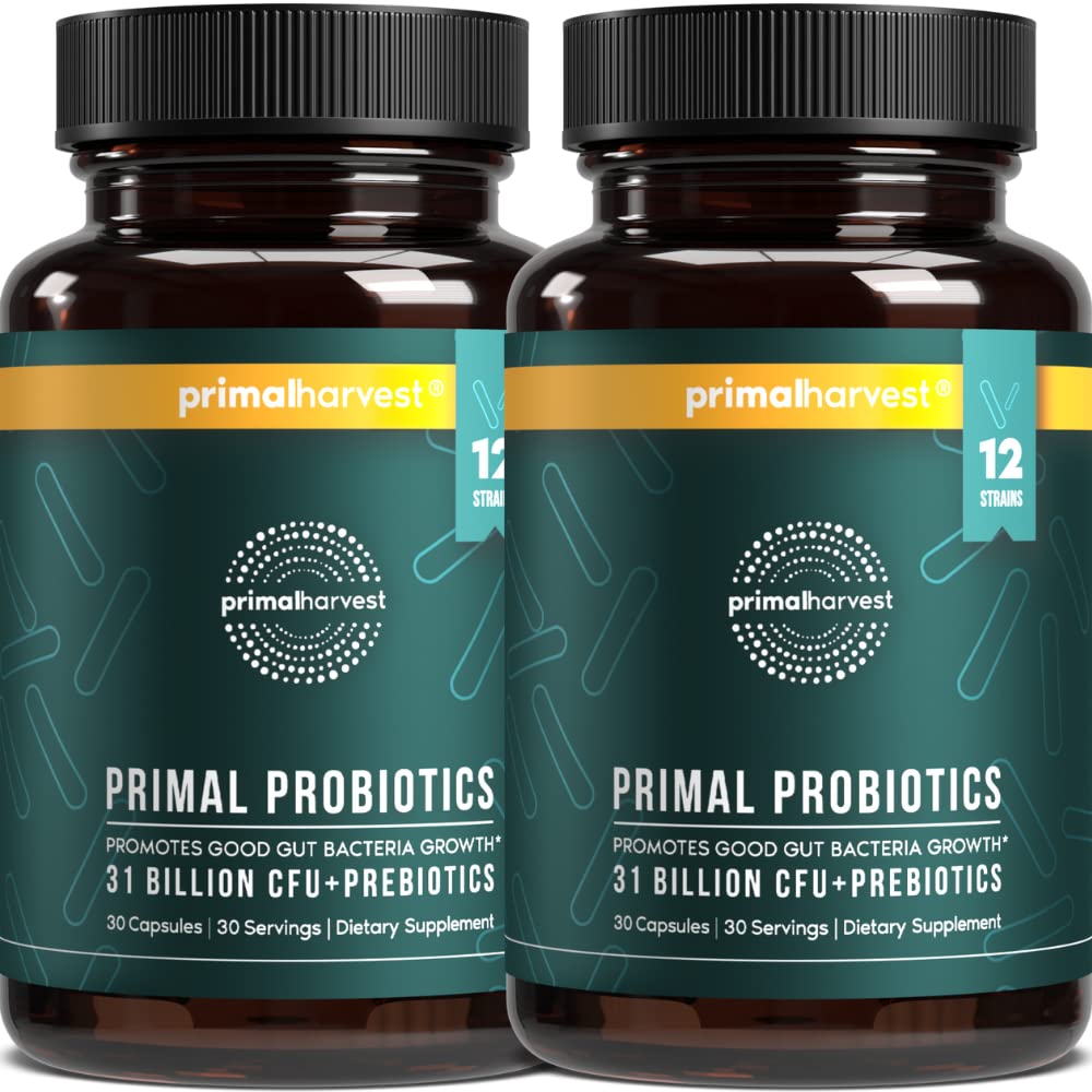 Primal Harvest Probiotics bottle showing balanced gut support for daily use.