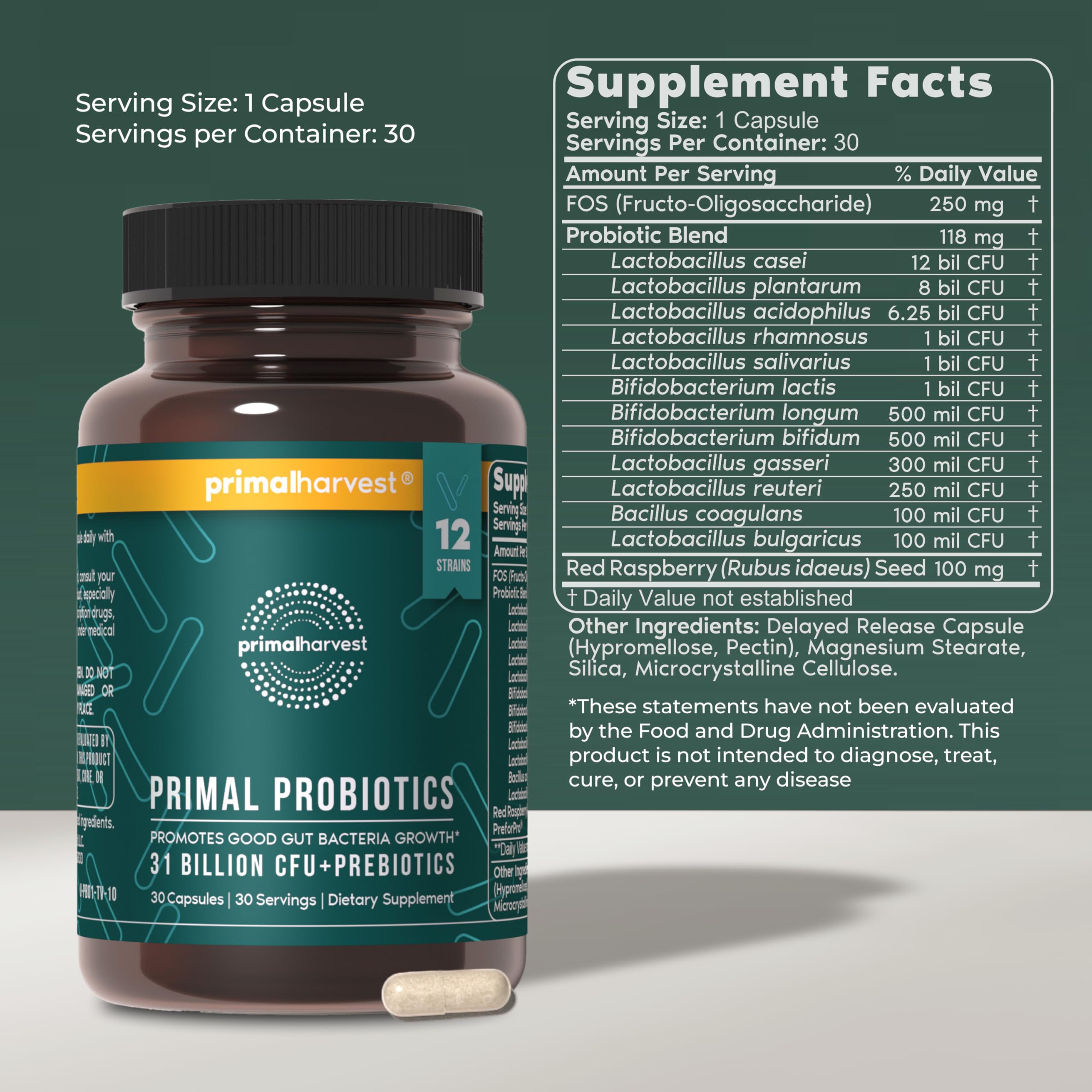 Primal Harvest Probiotics capsules for daily use with prebiotics support digestion.