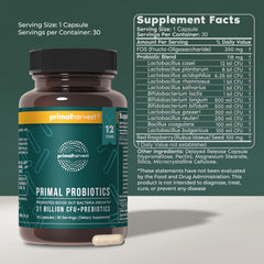 Primal Harvest Probiotics capsules for daily use with prebiotics support digestion.
