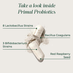Primal Harvest Probiotics label and prebiotic blend highlighting diverse strains.