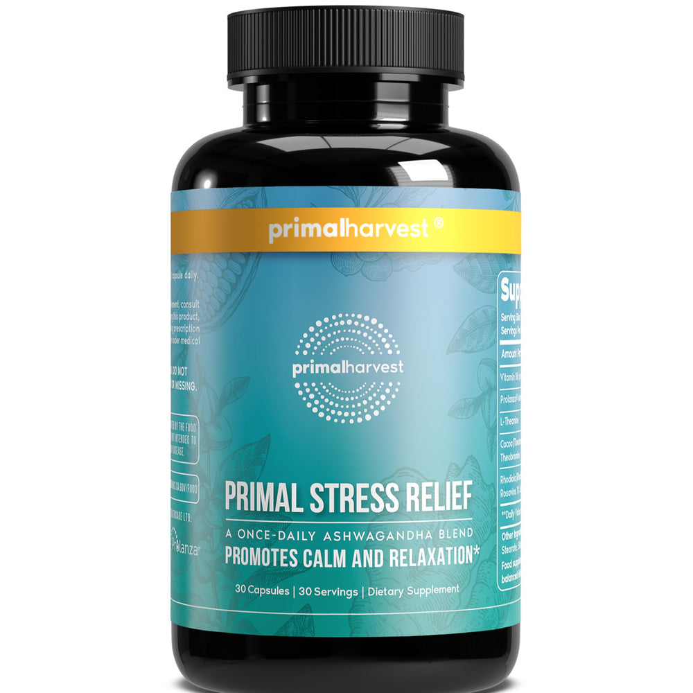 Primal Harvest Stress Relief bottle promotes daily calm and balance.