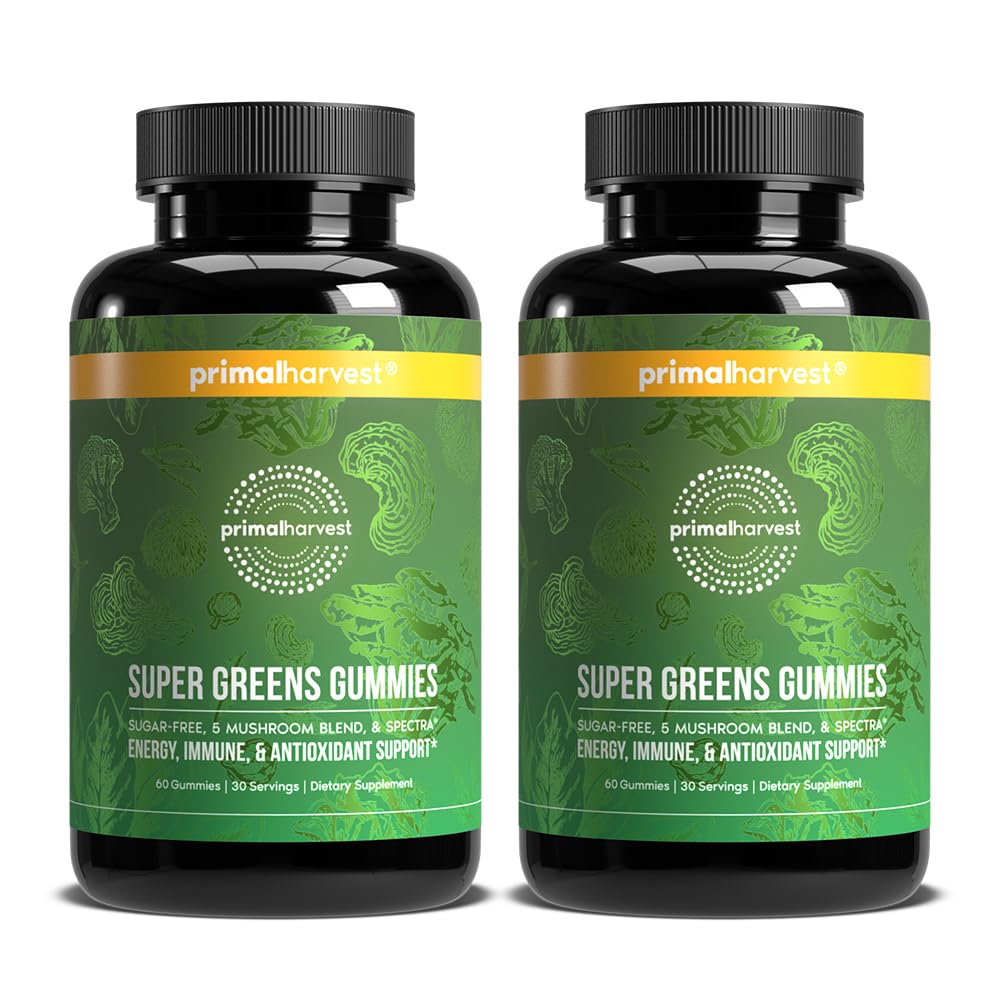Primal Harvest Super Greens Gummies bottle front, berry flavor, convenient daily energy support.