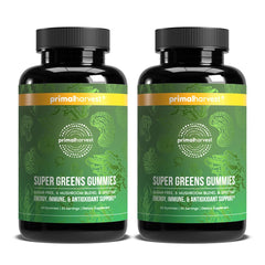 Primal Harvest Super Greens Gummies bottle front, berry flavor, convenient daily energy support.