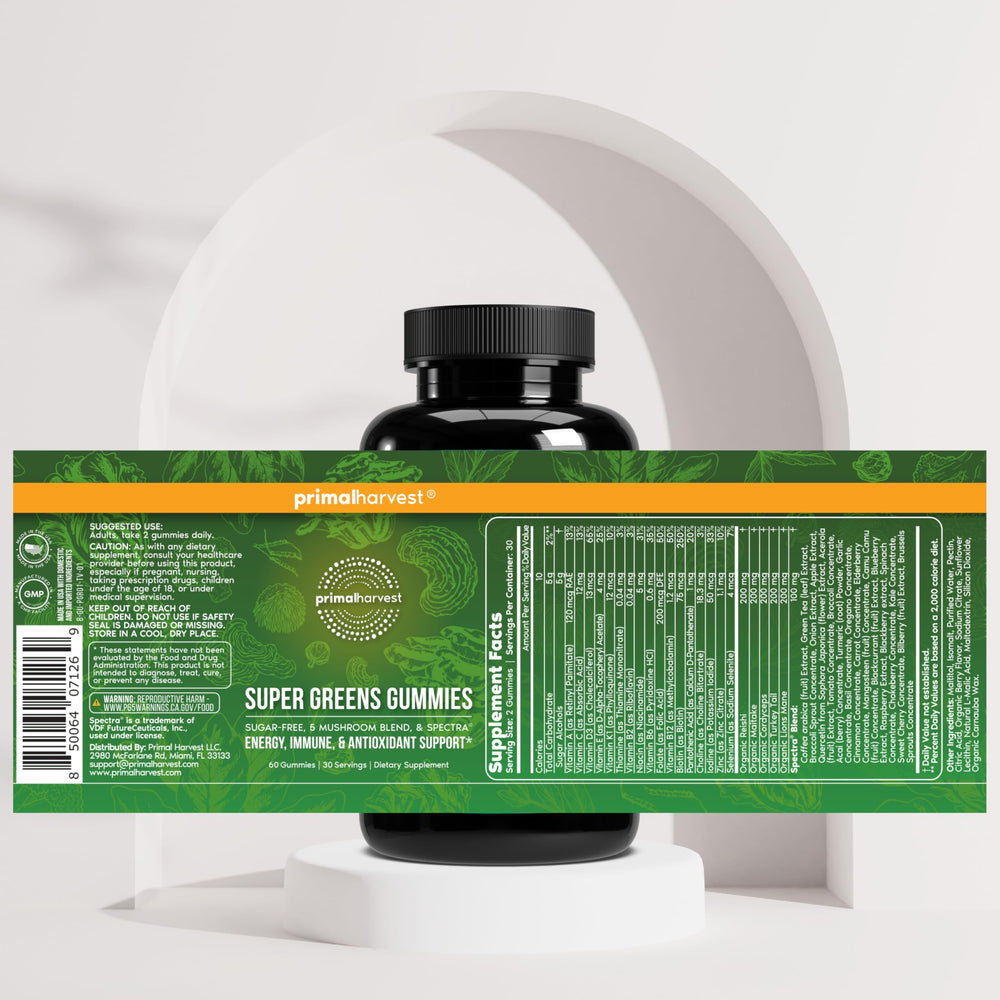 Two gummies beside breakfast for easy daily intake with Primal Harvest.