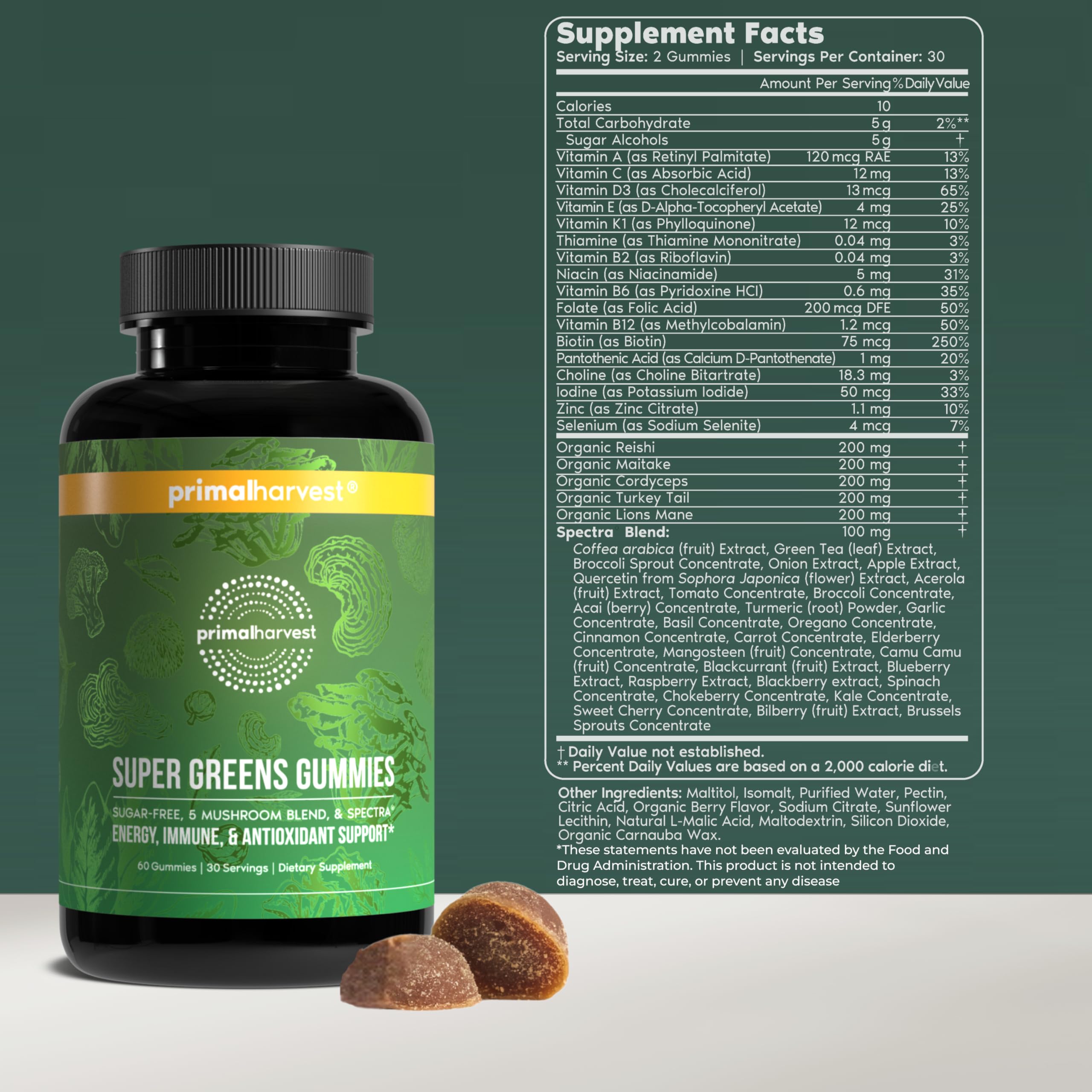 Primal Harvest gummies close-up showing chewy texture and natural flavors.