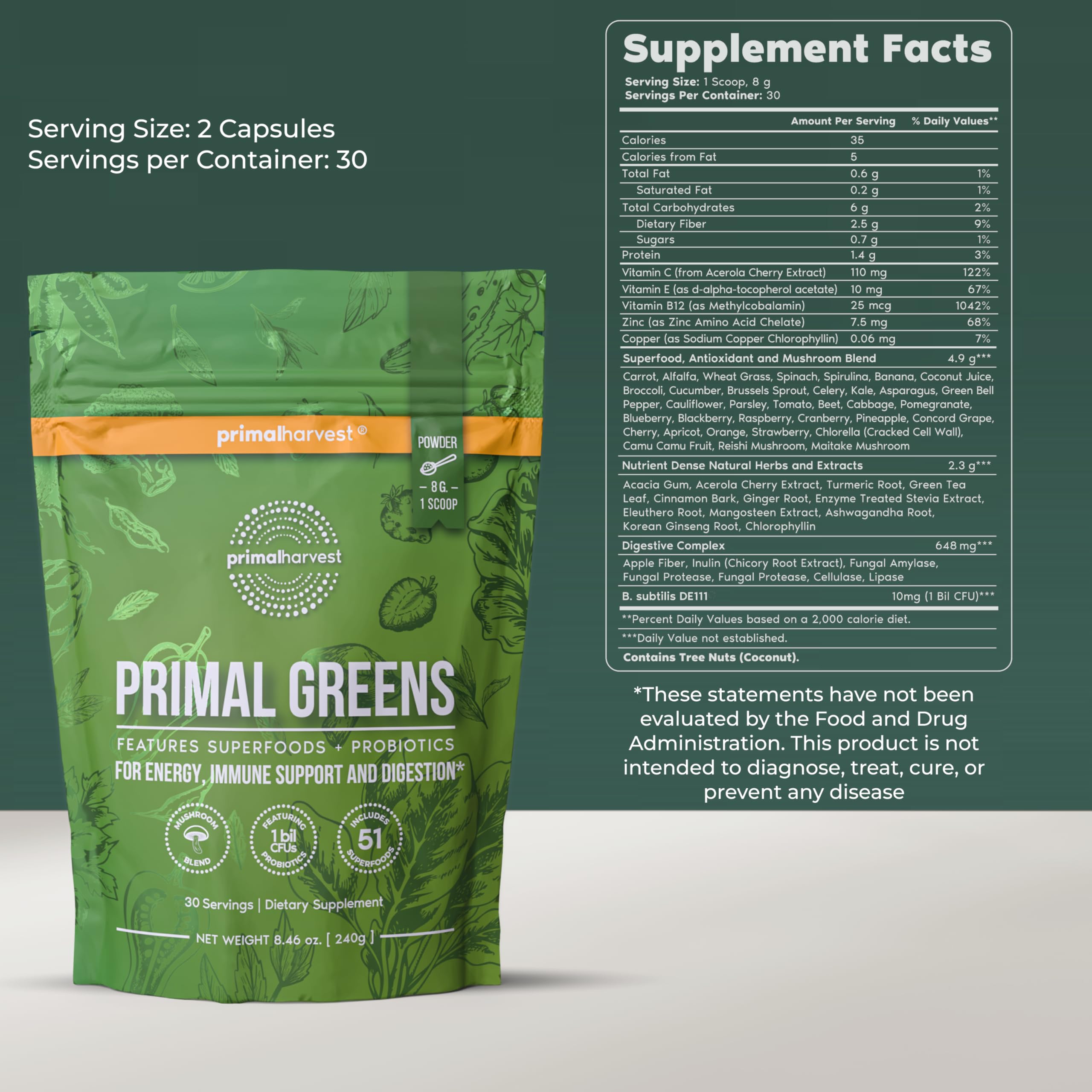Primal Harvest Super Greens Powder scoop pouring into a glass