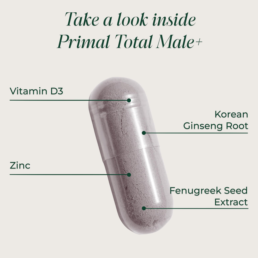 Primal Harvest Total Male+ capsules positioned for daily wellness routine.