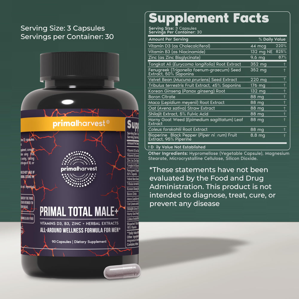 Primal Harvest Total Male+ packaging highlights herbal blend for men.