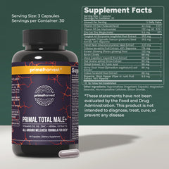 Primal Harvest Total Male+ packaging highlights herbal blend for men.