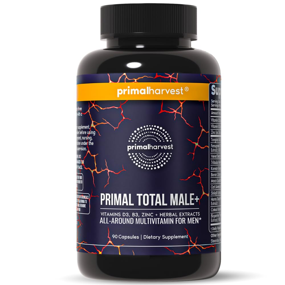 Primal Harvest Total Male+ bottle image highlighting daily energy and vitality support