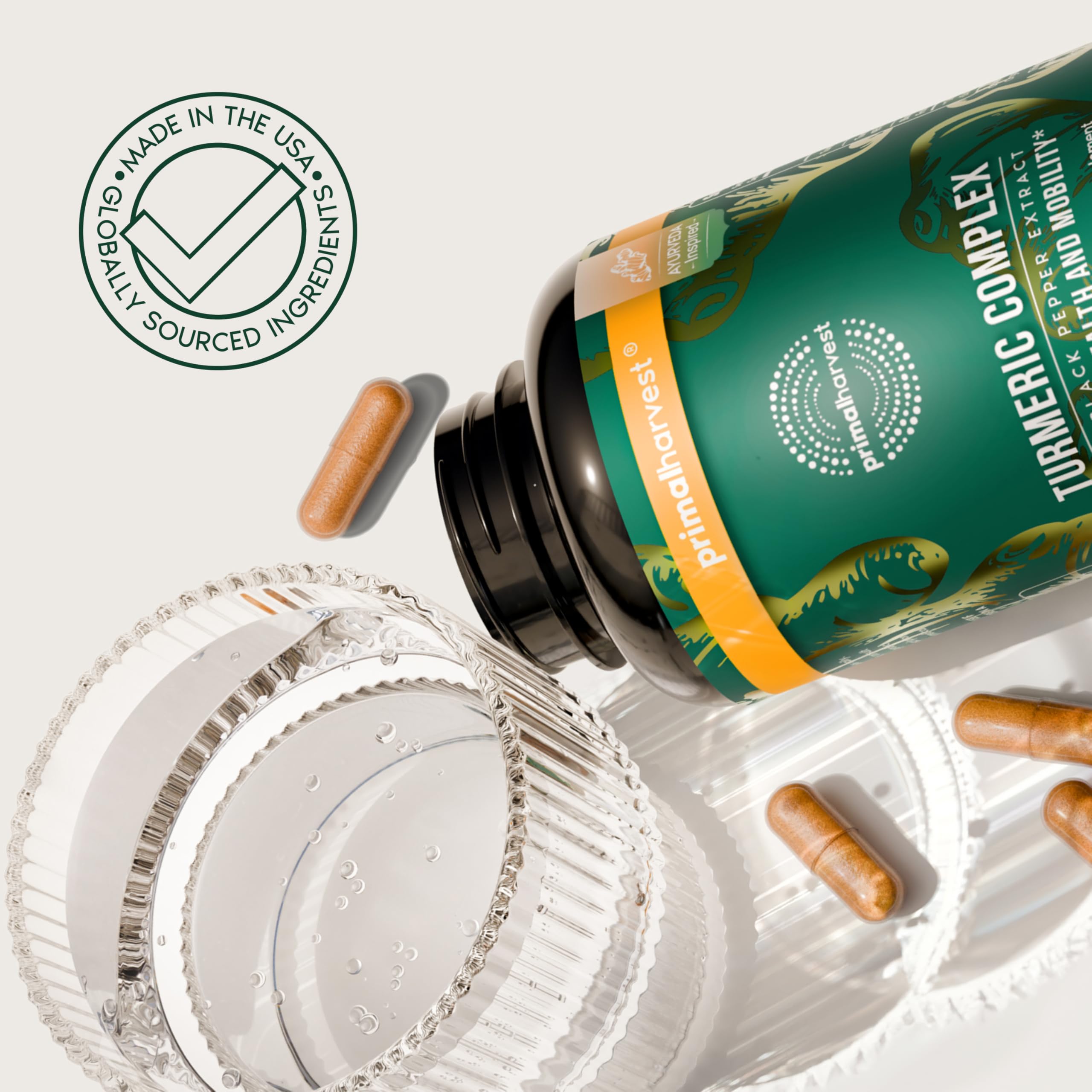 Primal Harvest Turmeric Complex image illustrating absorption with capsules.