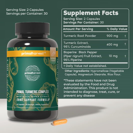 Primal Harvest turmeric complex bottle label showing ingredients and usage guidance.