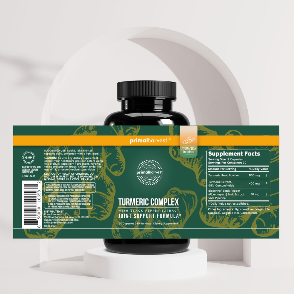 Primal Harvest Turmeric Complex capsules ready to take with meals.