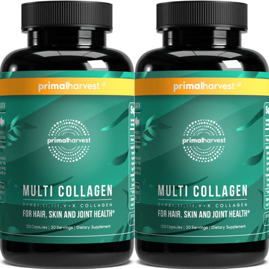 Primal Harvest two-pack bottle showcases the multi collagen pills for daily use.