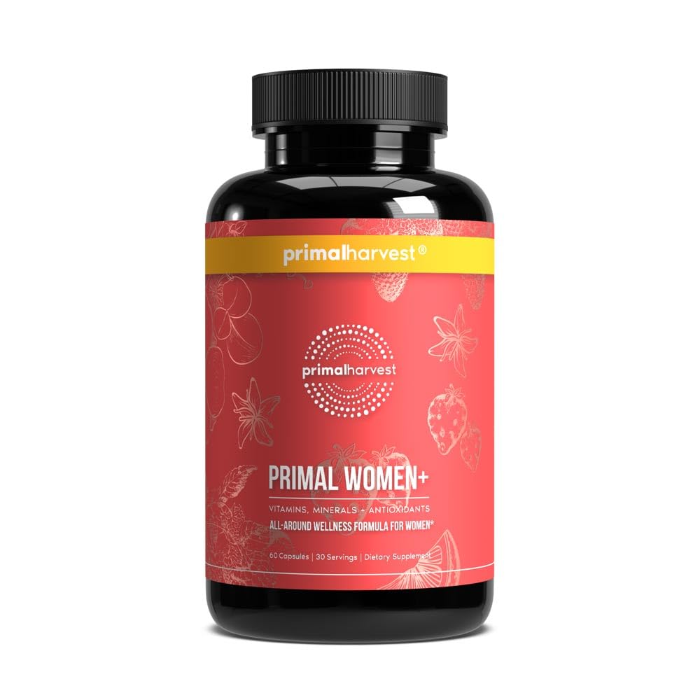 Primal Harvest Women+ bottle showing daily multivitamin for energy and immunity.