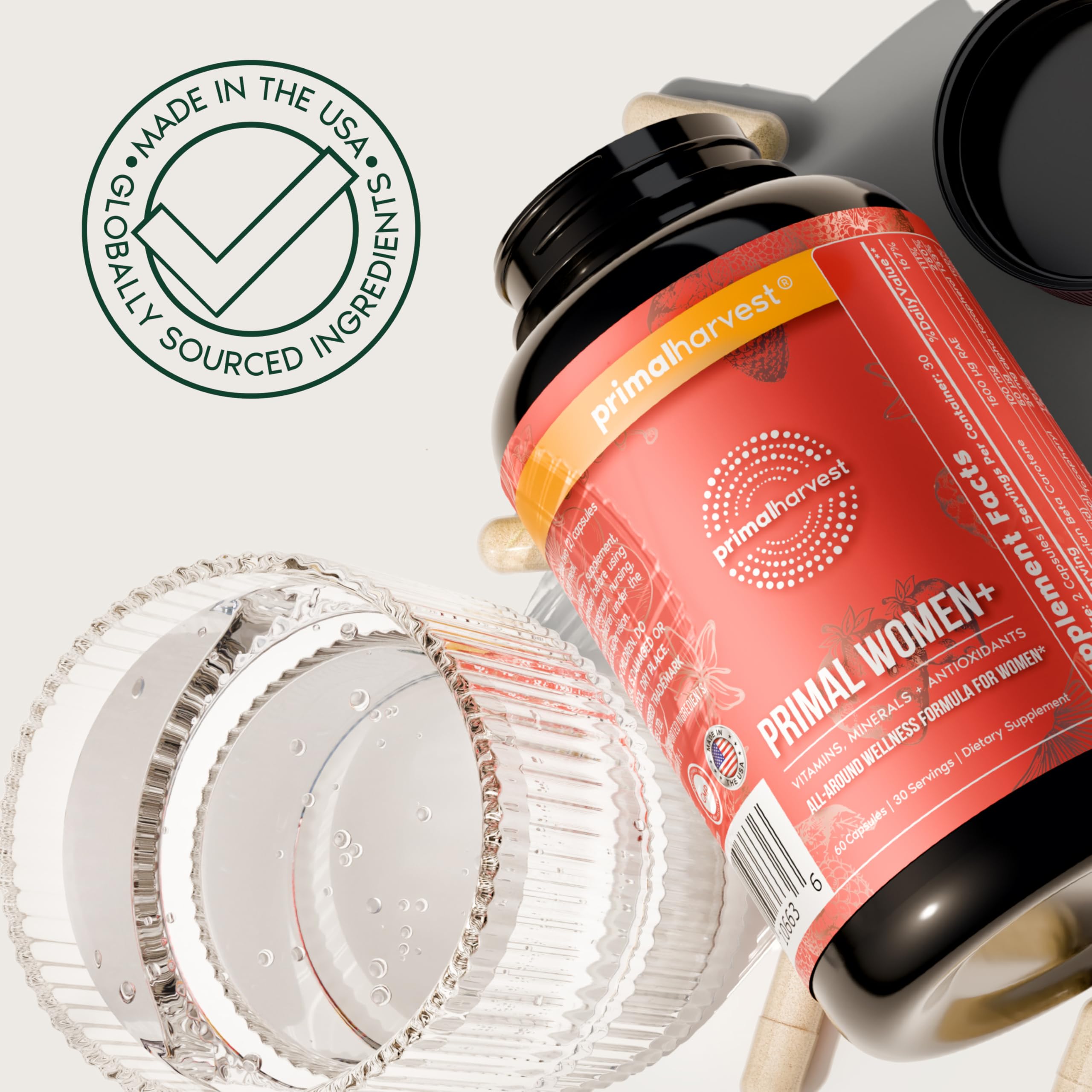 Primal Harvest Women+ skincare-ready scene linking beauty with vitamins.