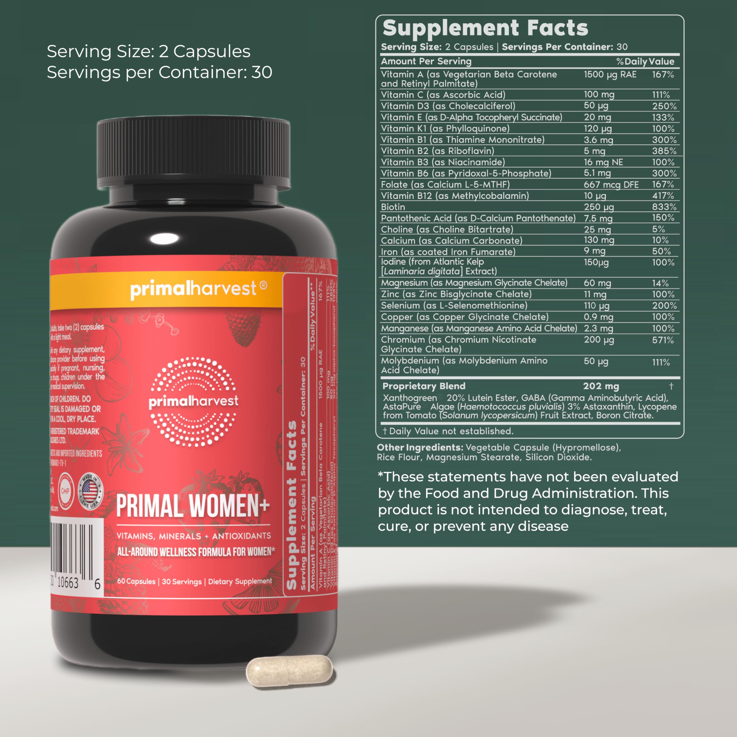 Primal Harvest women's multivitamin bottle label highlights key nutrients for daily balance