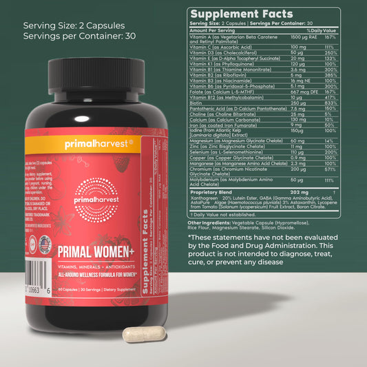 Primal Harvest women's multivitamin bottle label highlights key nutrients for daily balance