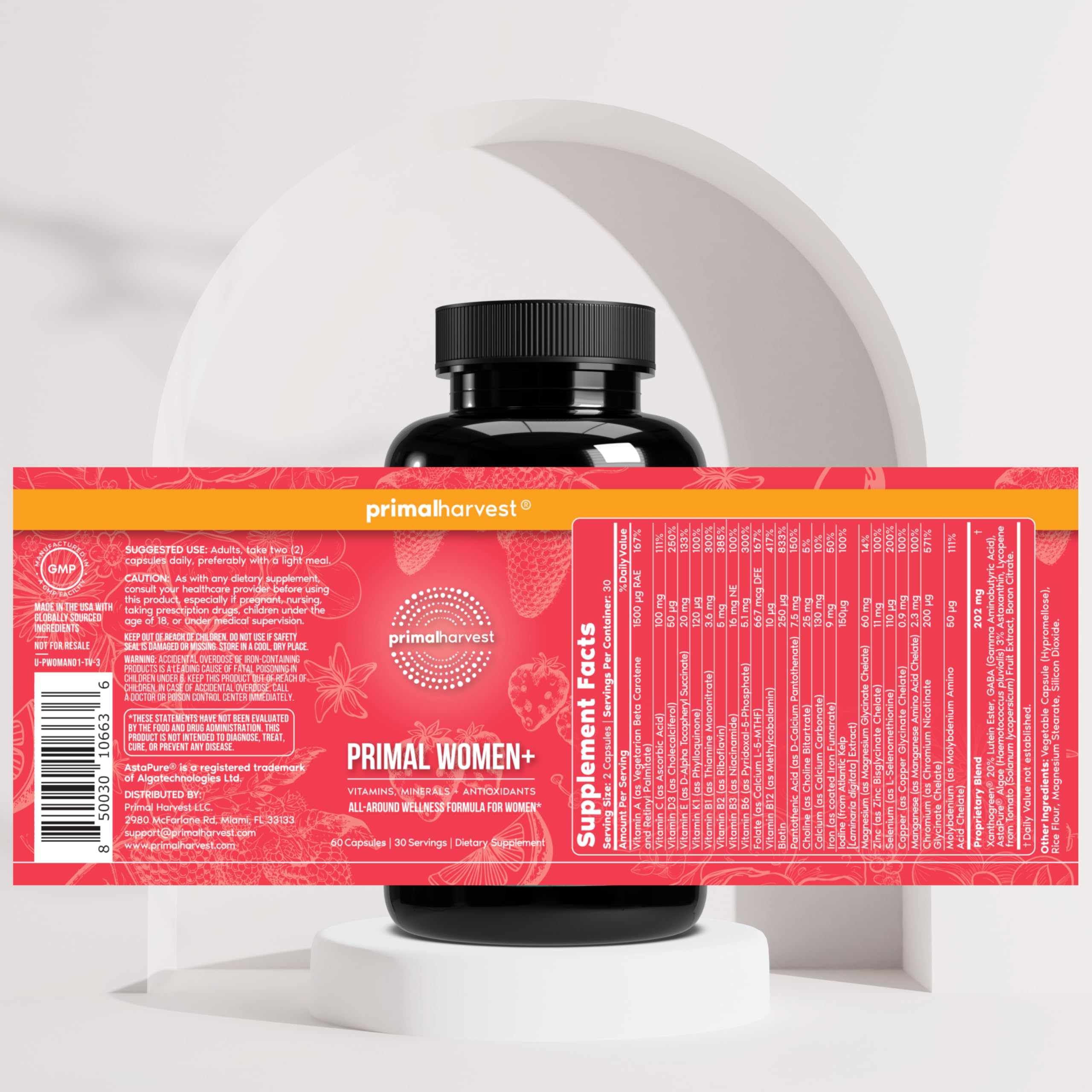 Primal Harvest immune-support ingredients image features Vitamin C, D, and zinc