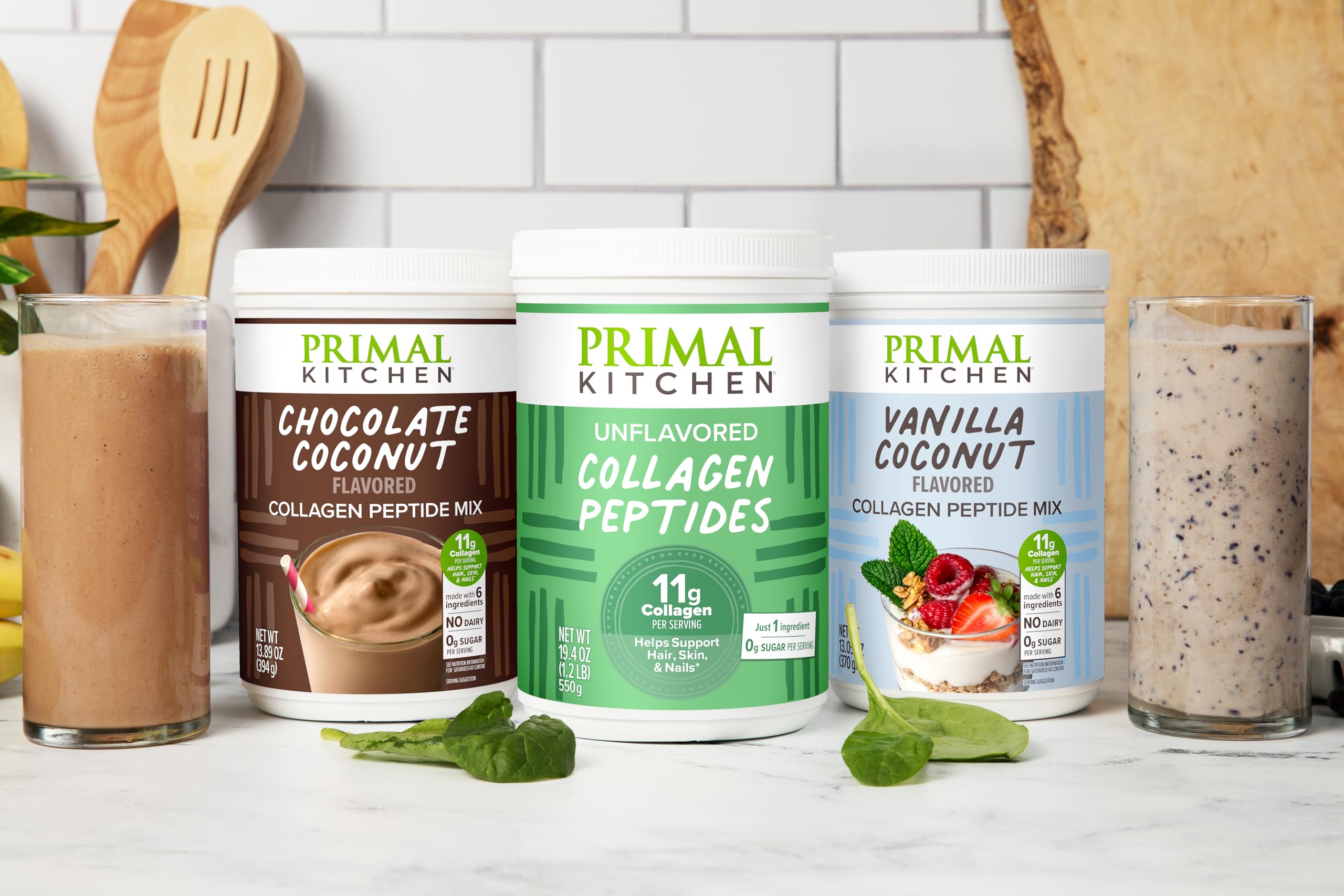 Primal Kitchen Chocolate Coconut Collagen Fuel Drink Mix cup dessert showcases gluten-free and keto-certified features