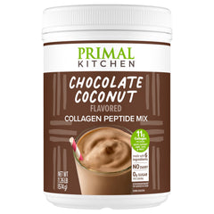 Primal Kitchen Chocolate Coconut Collagen Fuel Drink Mix bottle pour shows rich, dairy-free indulgence for a quick pick-me-up