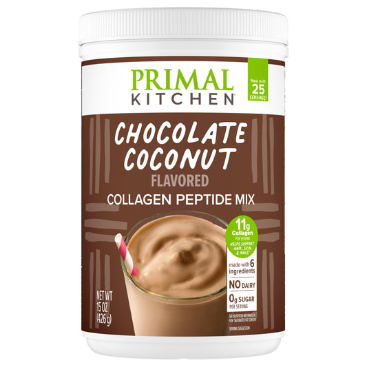 Primal Kitchen Collagen Fuel Chocolate Coconut hero bottle shows premium ingredients for smooth blends.