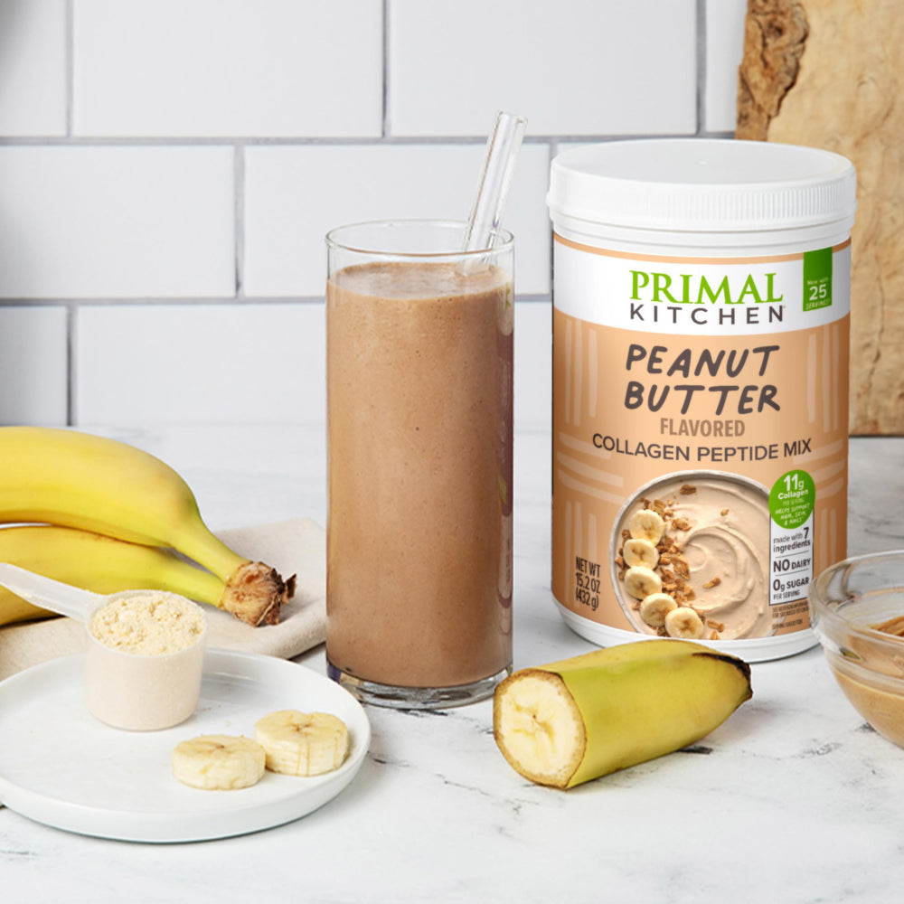 Primal Kitchen Collagen Fuel shake in a shaker bottle for a creamy smoothie.