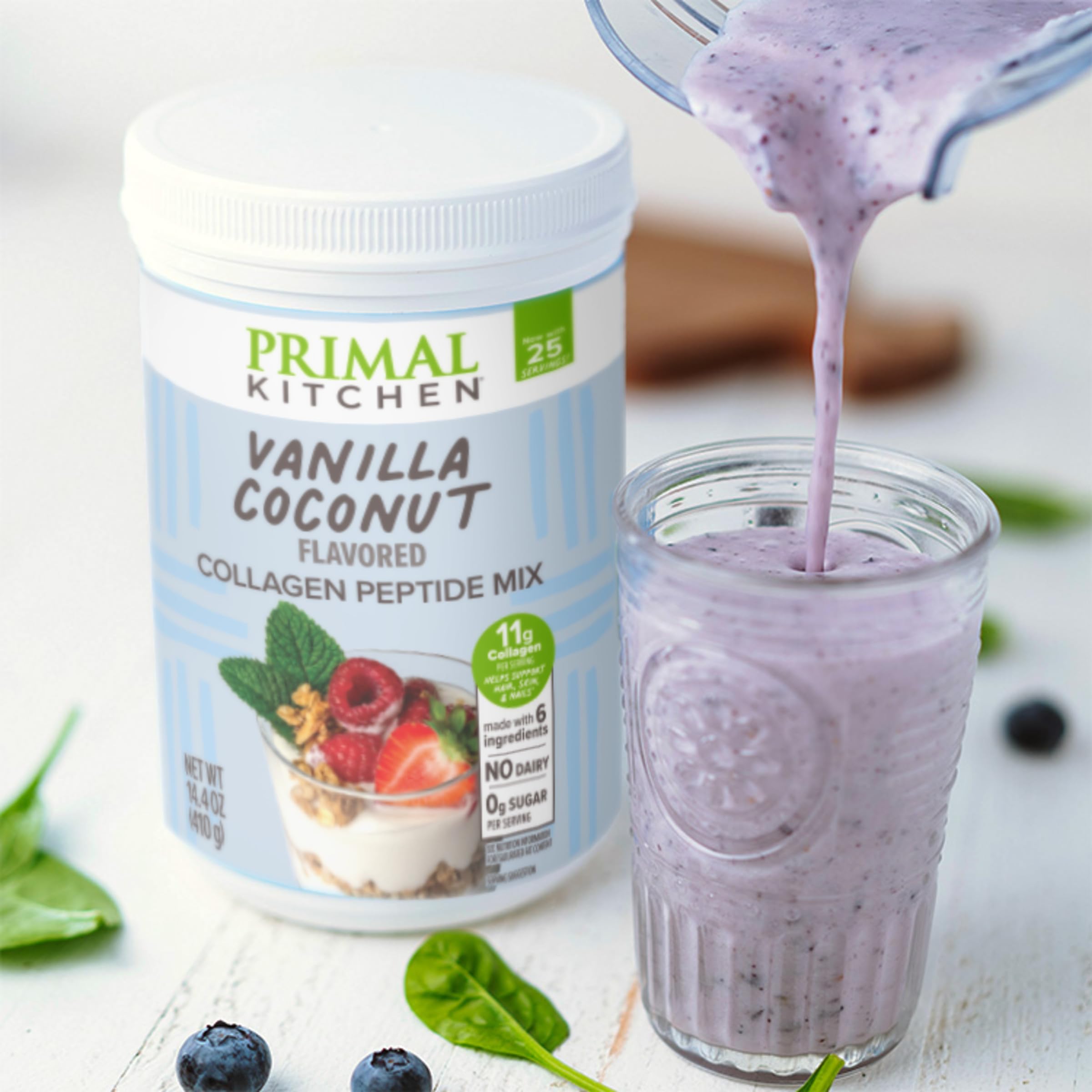 Primal Kitchen Collagen Fuel Vanilla Coconut being blended in a blender
