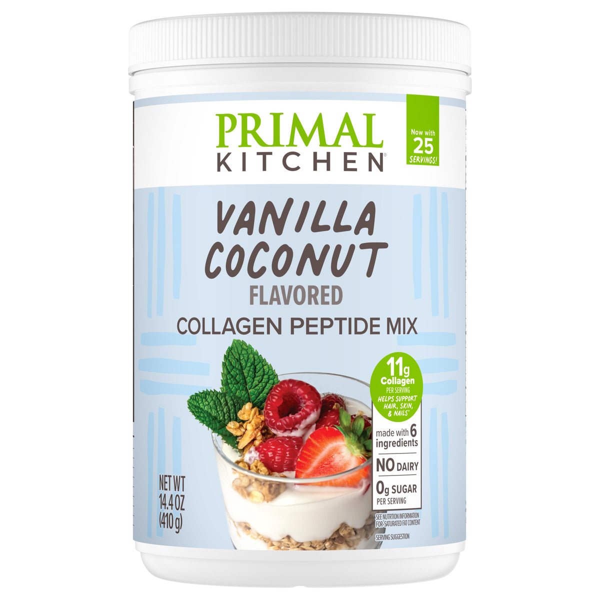 Primal Kitchen Collagen Fuel Vanilla Coconut bottle on kitchen shelf, ideal for daily use