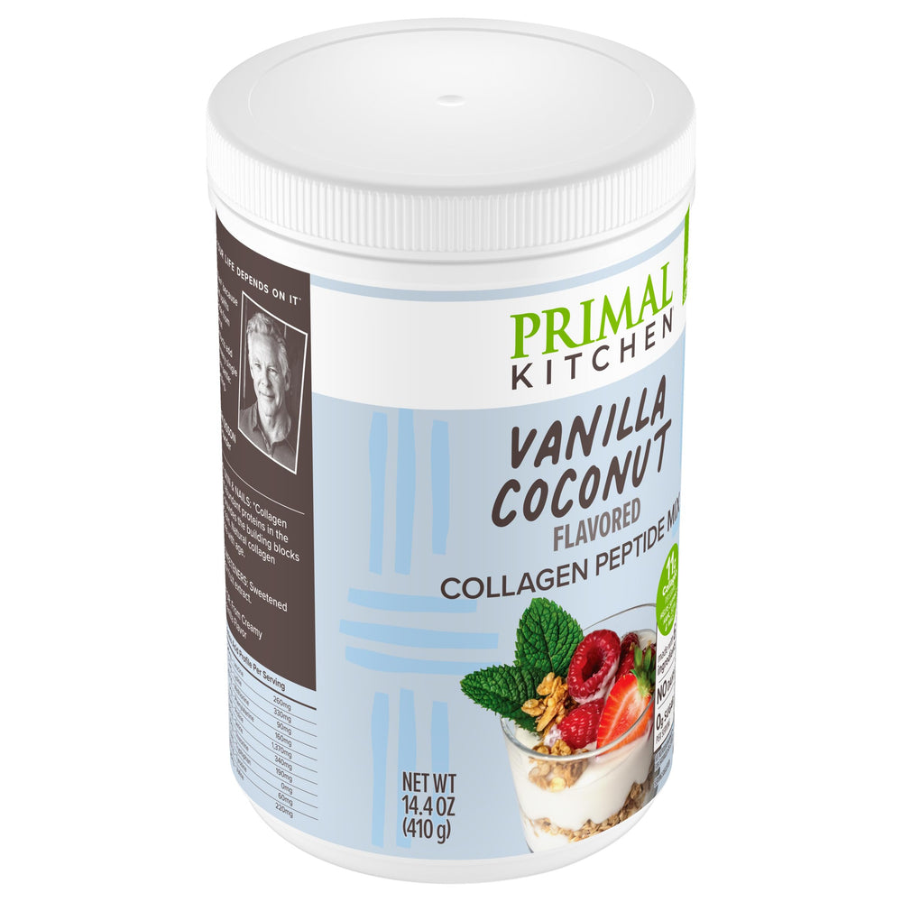 Primal Kitchen Collagen Fuel Vanilla Coconut glass of smoothie with ice