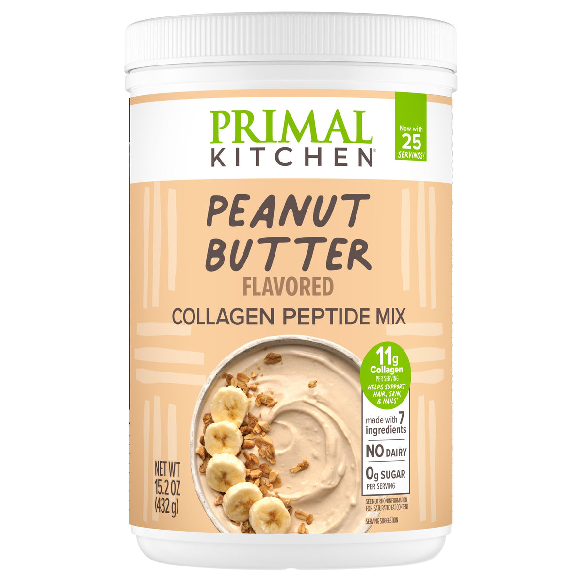 Primal Kitchen Peanut Butter Collagen Fuel tub ready for keto friendly shakes.