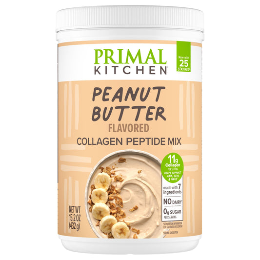 Primal Kitchen Peanut Butter Collagen Fuel tub ready for keto friendly shakes.