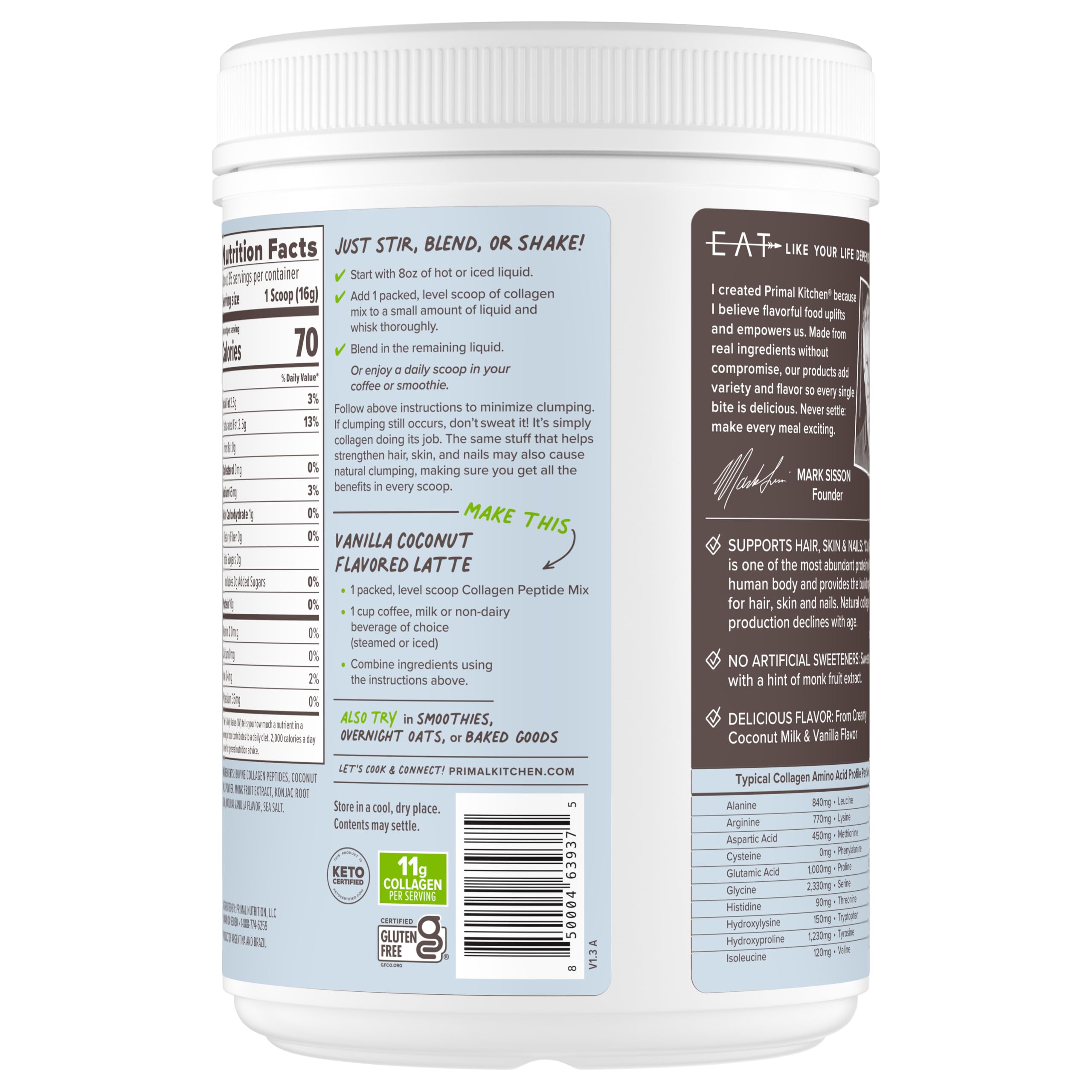 Primal Kitchen Vanilla Coconut Collagen Fuel glass being stirred shows versatile use in drinks