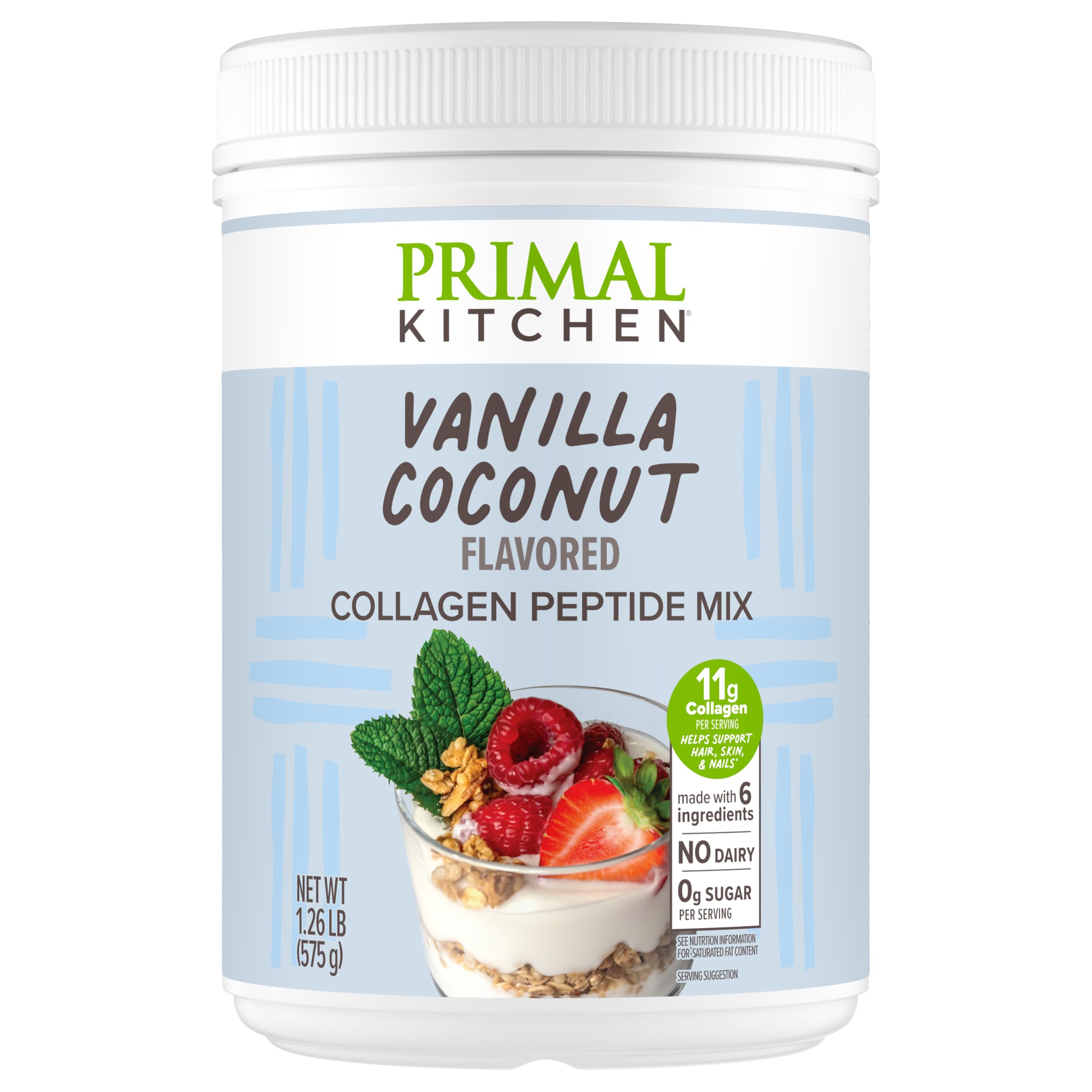 Primal Kitchen Vanilla Coconut Collagen Fuel packaging front highlighting zero sugar per serving