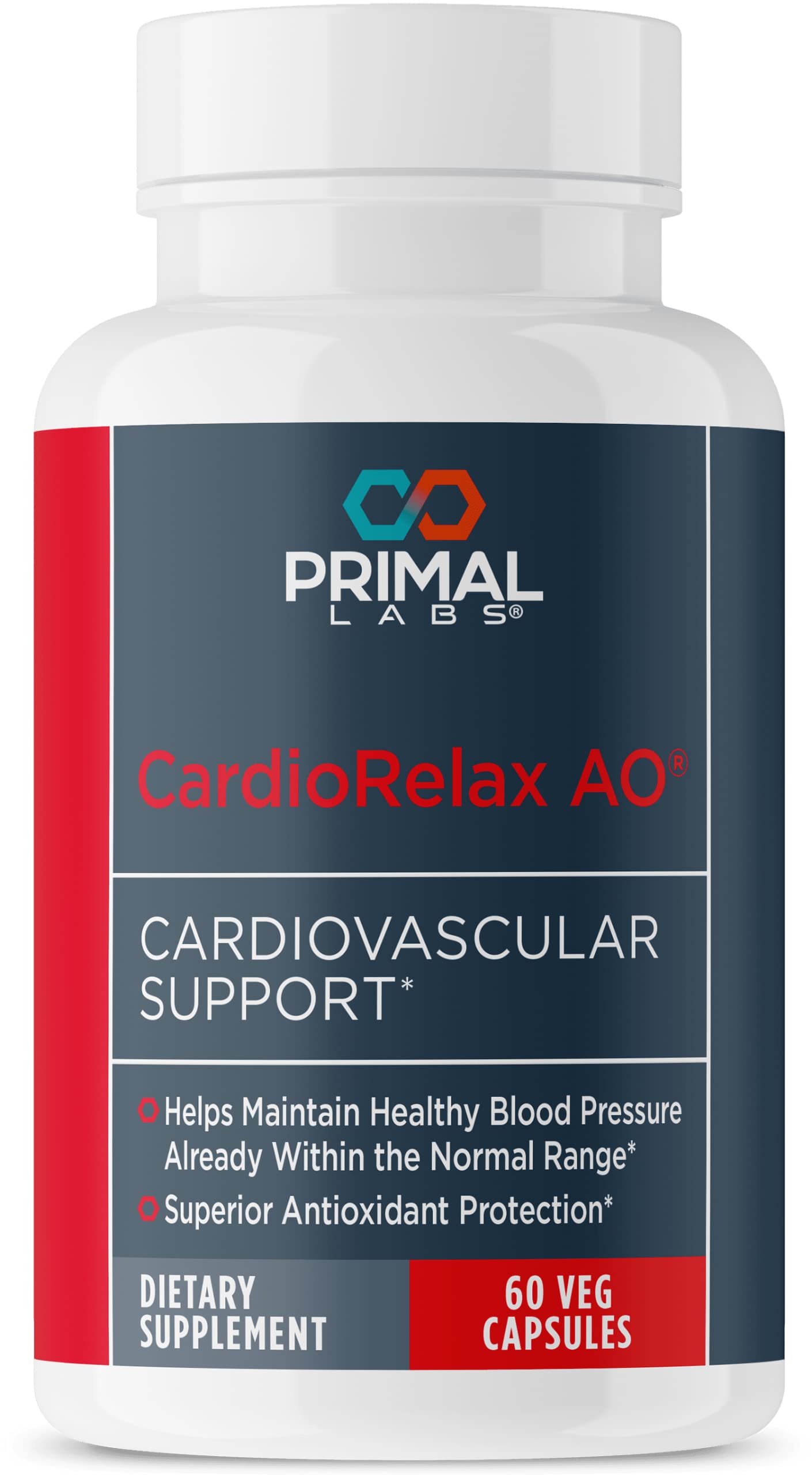 Primal Labs CardioRelax AO bottle front highlights easy daily cardiovascular support.