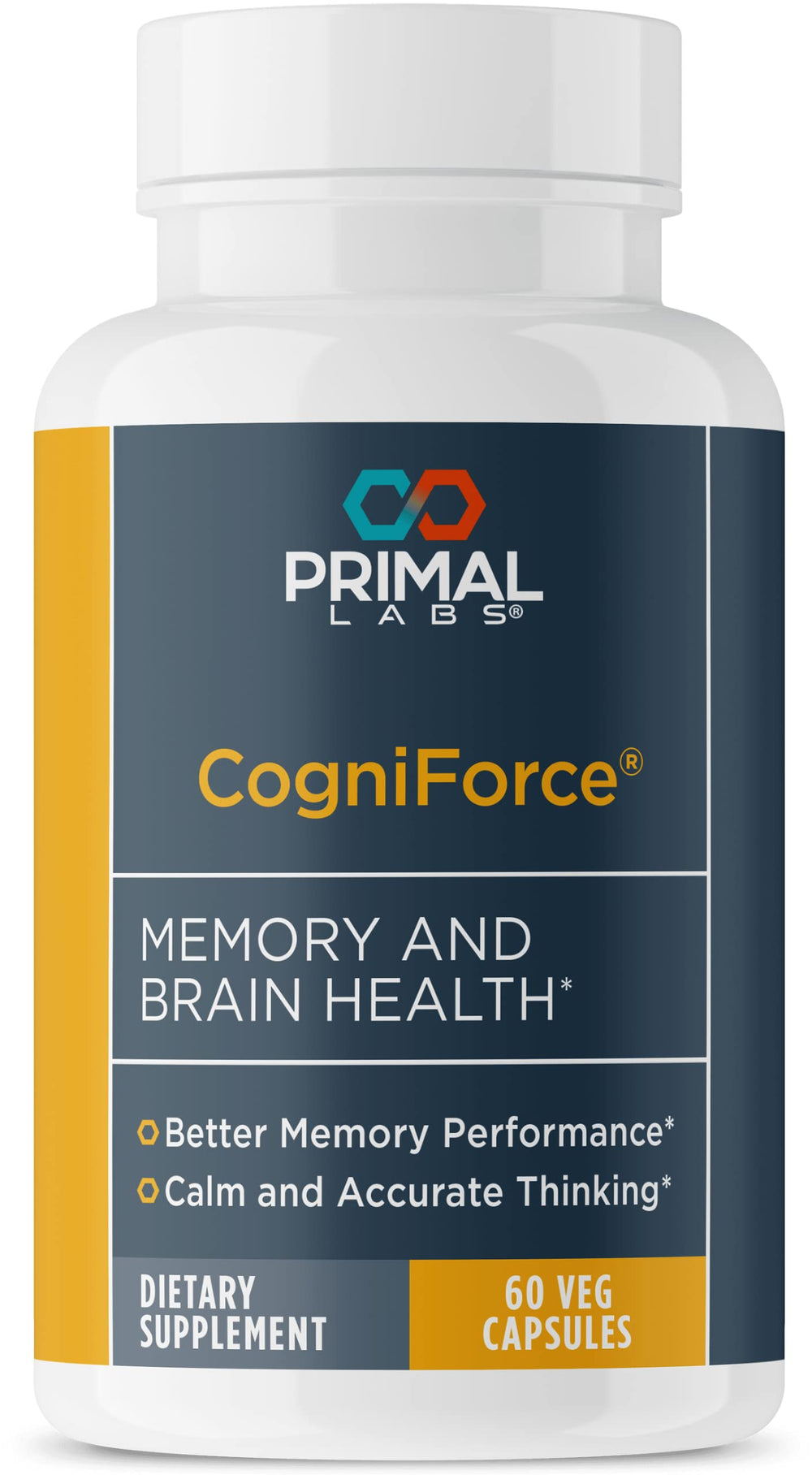 Primal Labs CogniForce bottle with capsules for steady focus and memory.