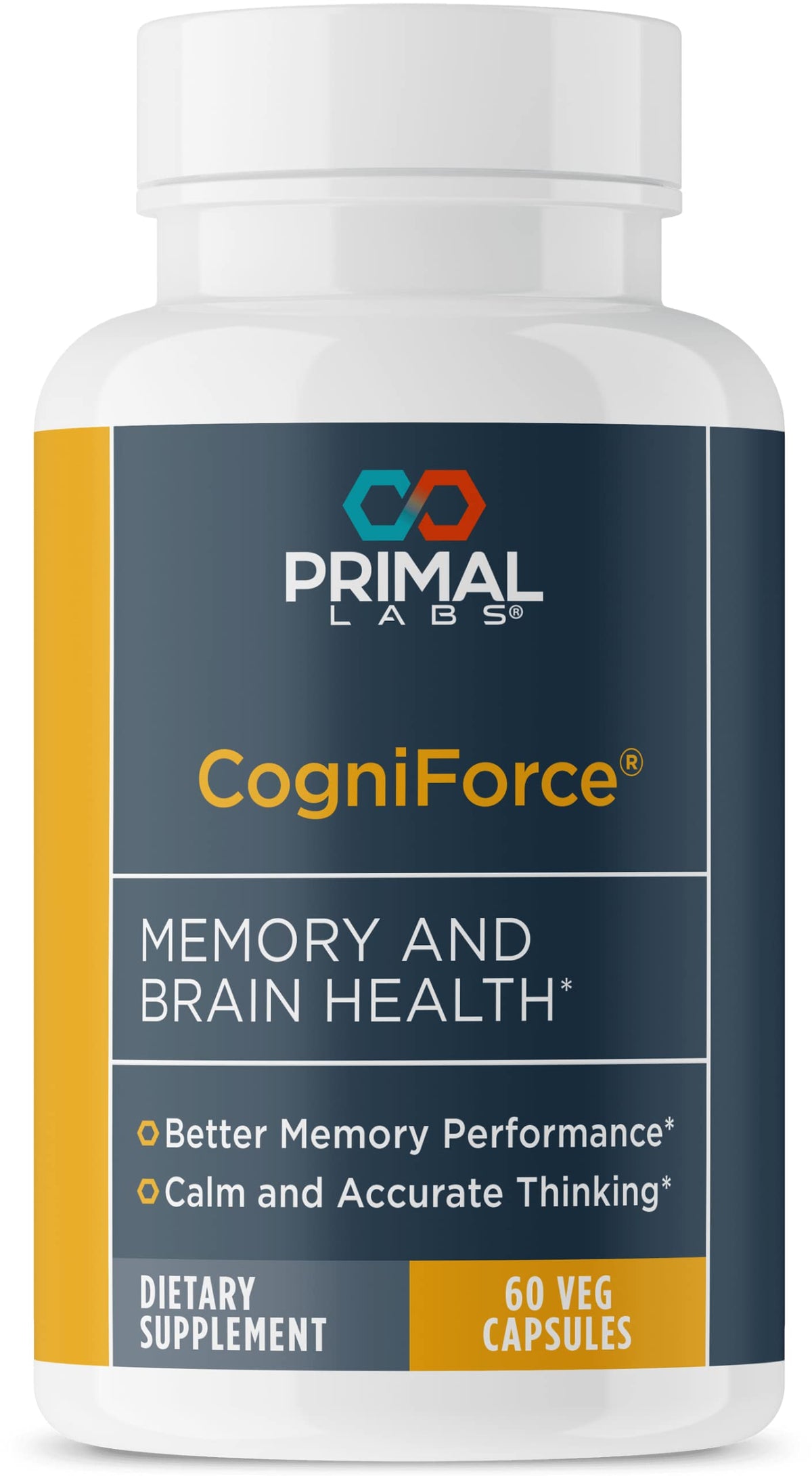 Primal Labs CogniForce bottle with capsules for steady focus and memory.