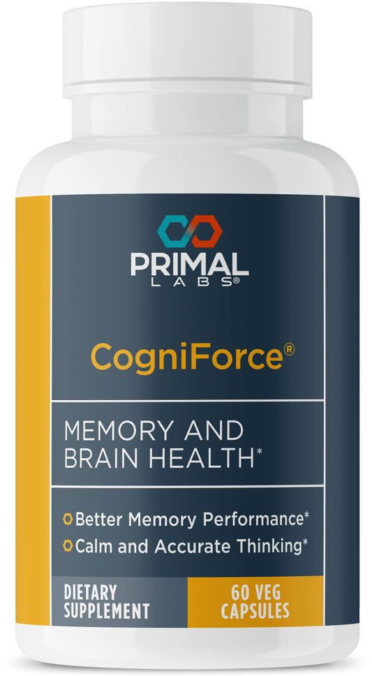 Primal Labs CogniForce bottle with capsules for steady focus and memory.