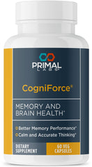 Primal Labs CogniForce bottle with capsules for steady focus and memory.