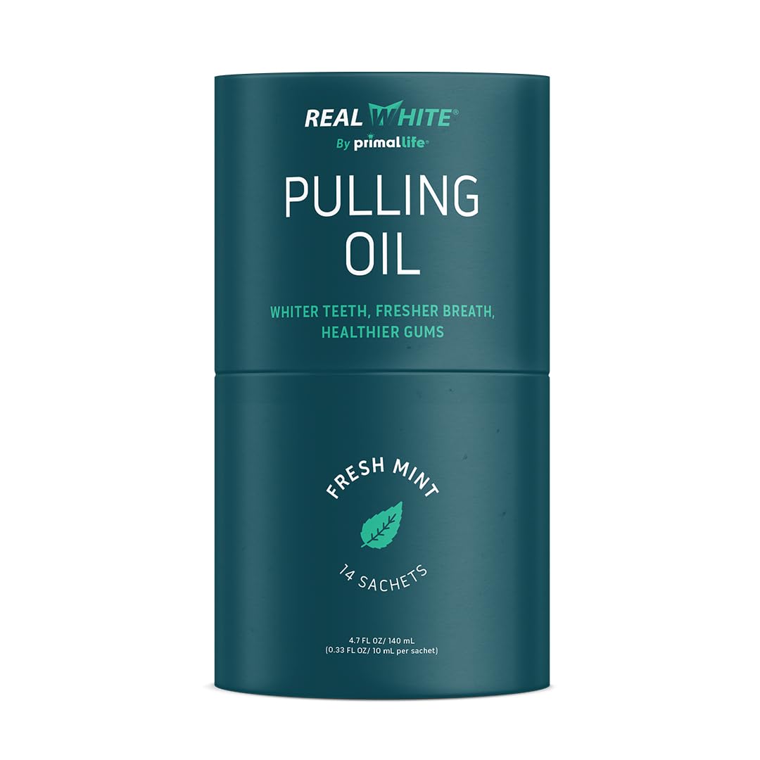 Primal Life Organics Real White Pulling Oil sachet in fresh mint for convenient daily whitening.