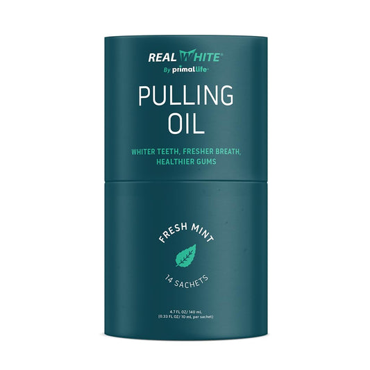 Primal Life Organics Real White Pulling Oil sachet in fresh mint for convenient daily whitening.