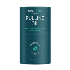Primal Life Organics Real White Pulling Oil sachet in fresh mint for convenient daily whitening.