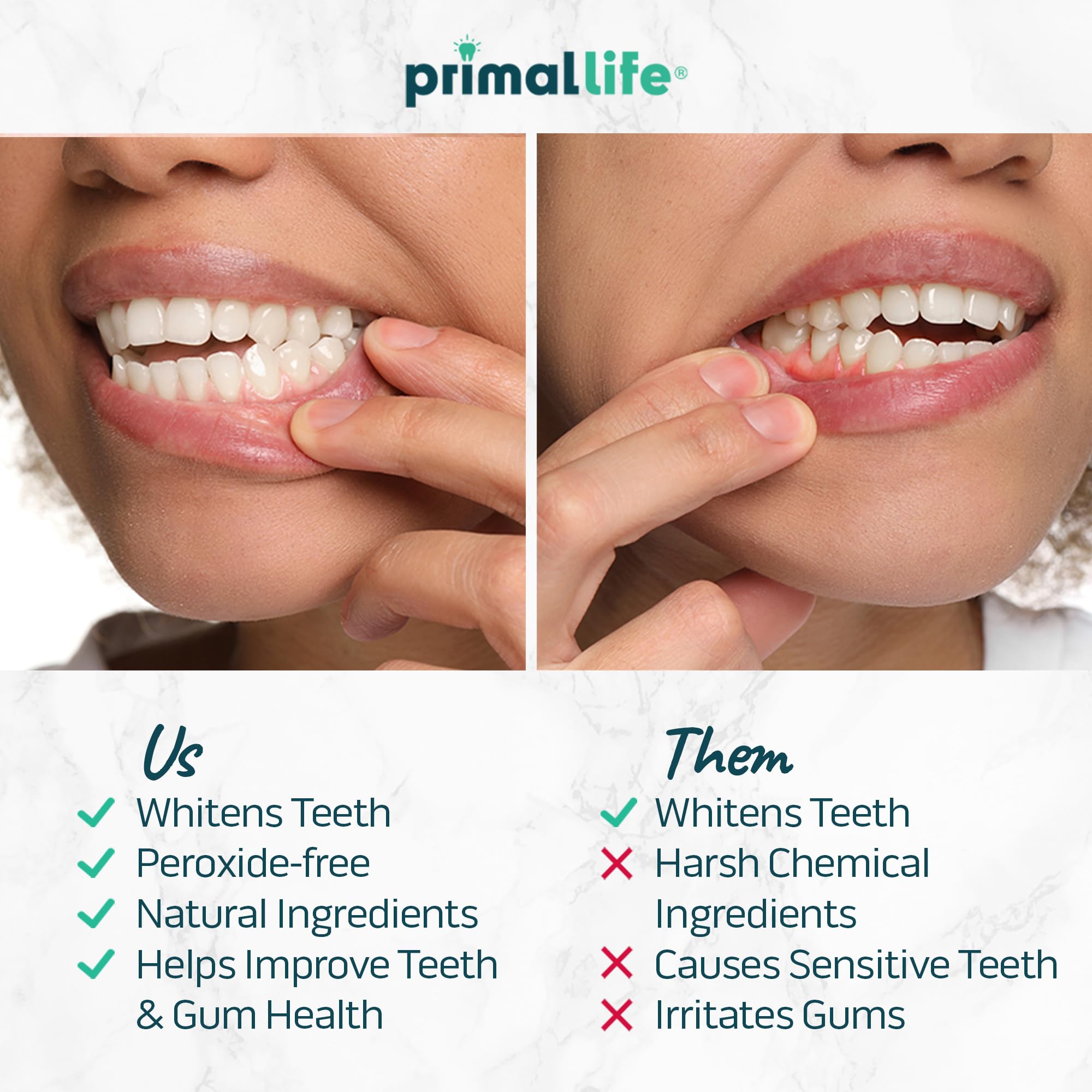Primal Life Real White Strips gel-side evenly coats teeth for consistent results.