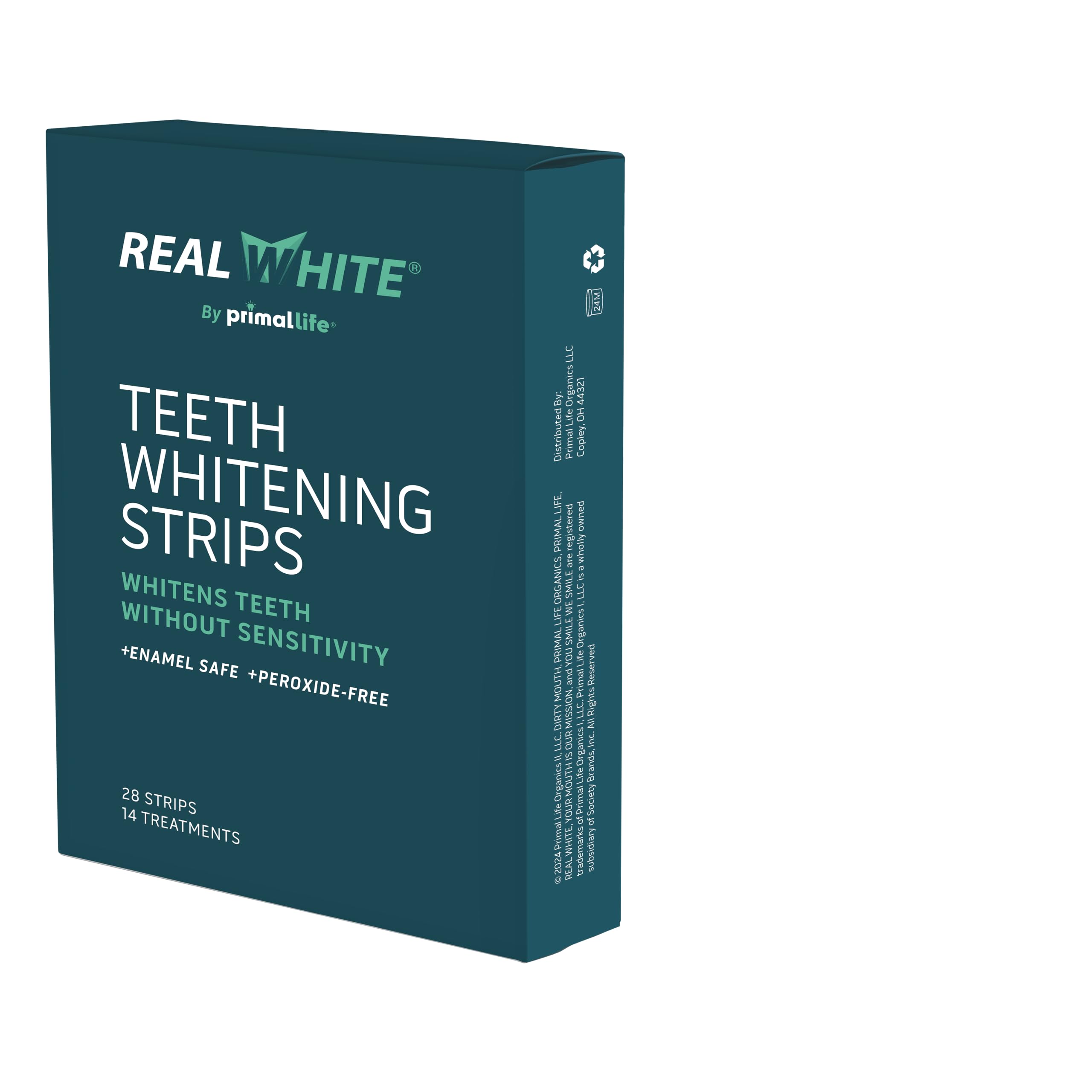 Primal Life Real White Strips packaging highlighting all-natural whitening for on-the-go use.