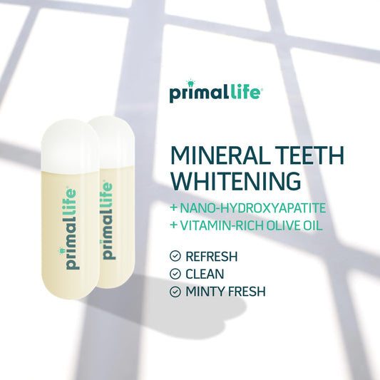 Primal Life Organics Real White Gel Pod closeup highlighting peroxide-free whitening formula