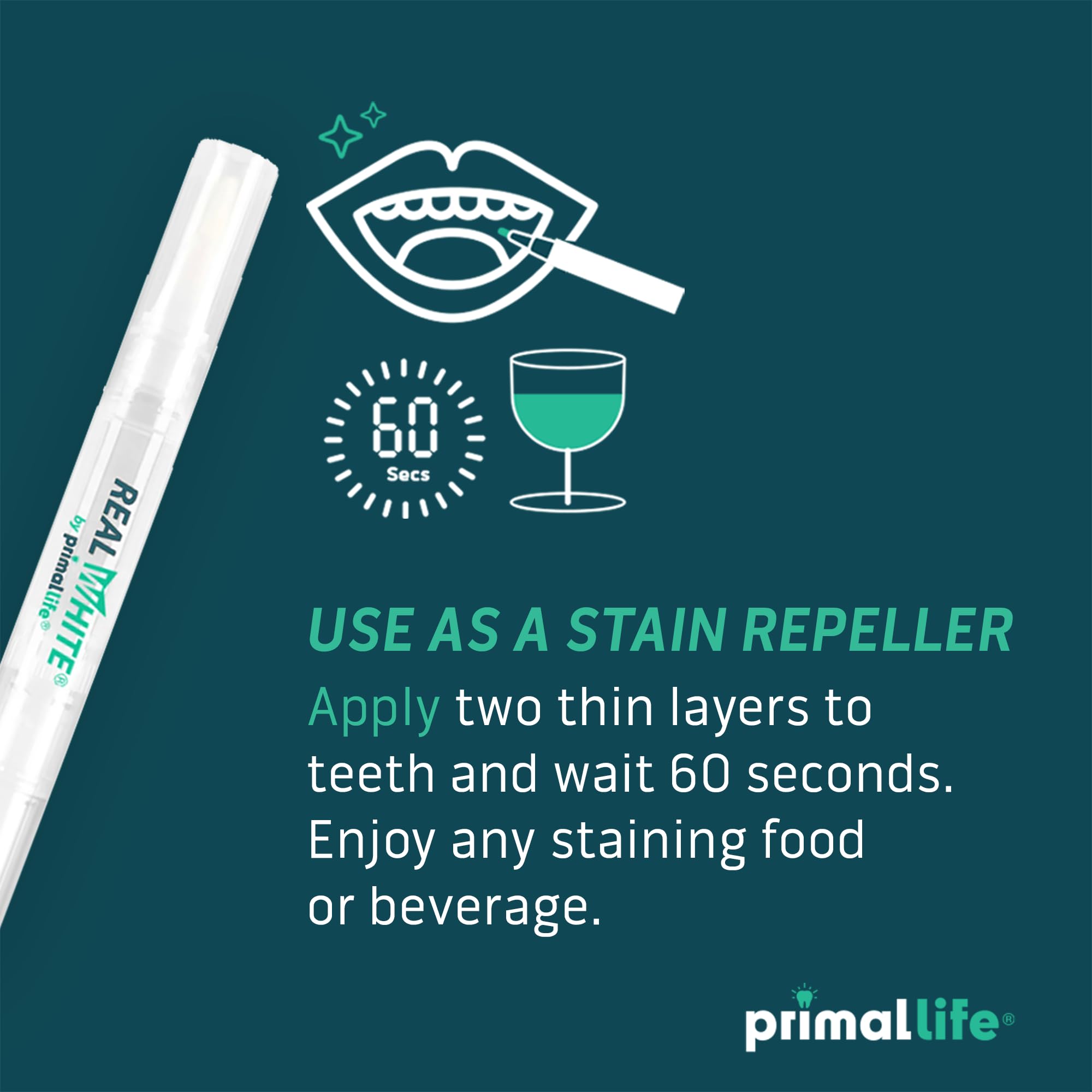 Primal Life Organics Real White Teeth Whitening Pens packaging shown for home use