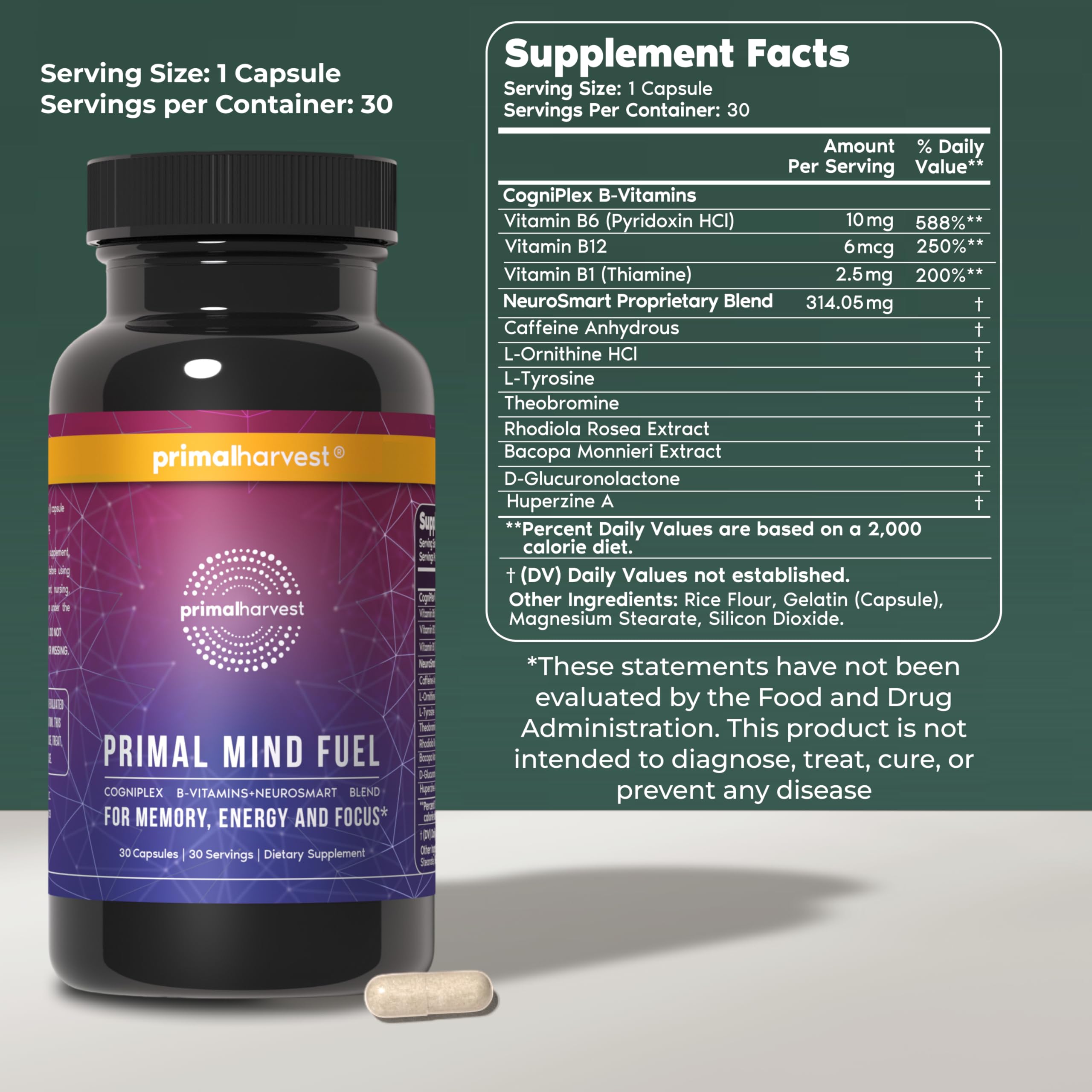 Primal Mind Fuel capsule close-up showing cognitive-boosting pills.