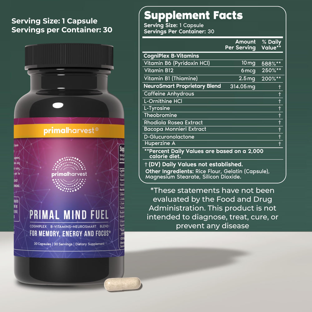 Primal Mind Fuel capsule close-up showing cognitive-boosting pills.