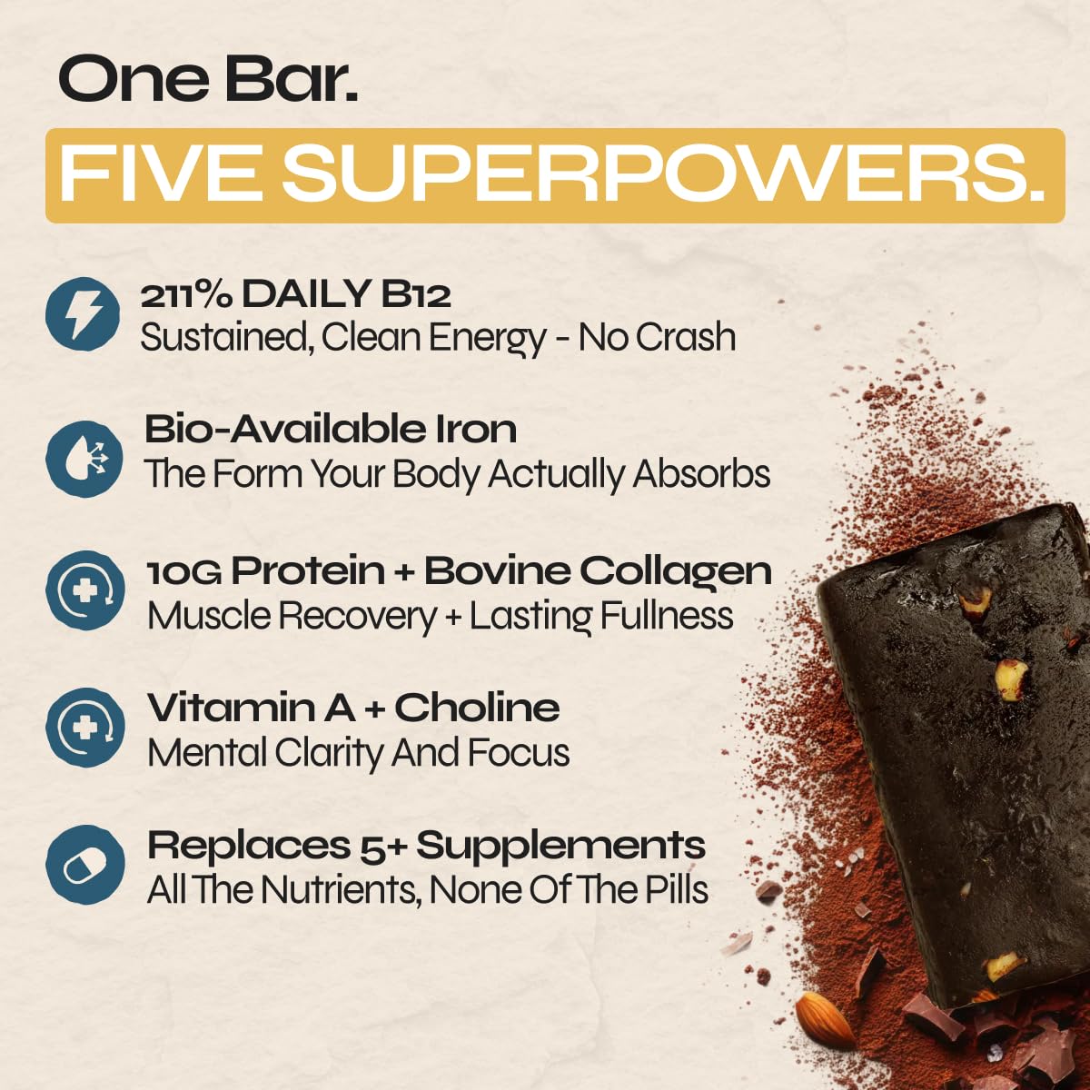 Nutty chocolate texture on Primal Power bar, dessert-like flavor without guilt