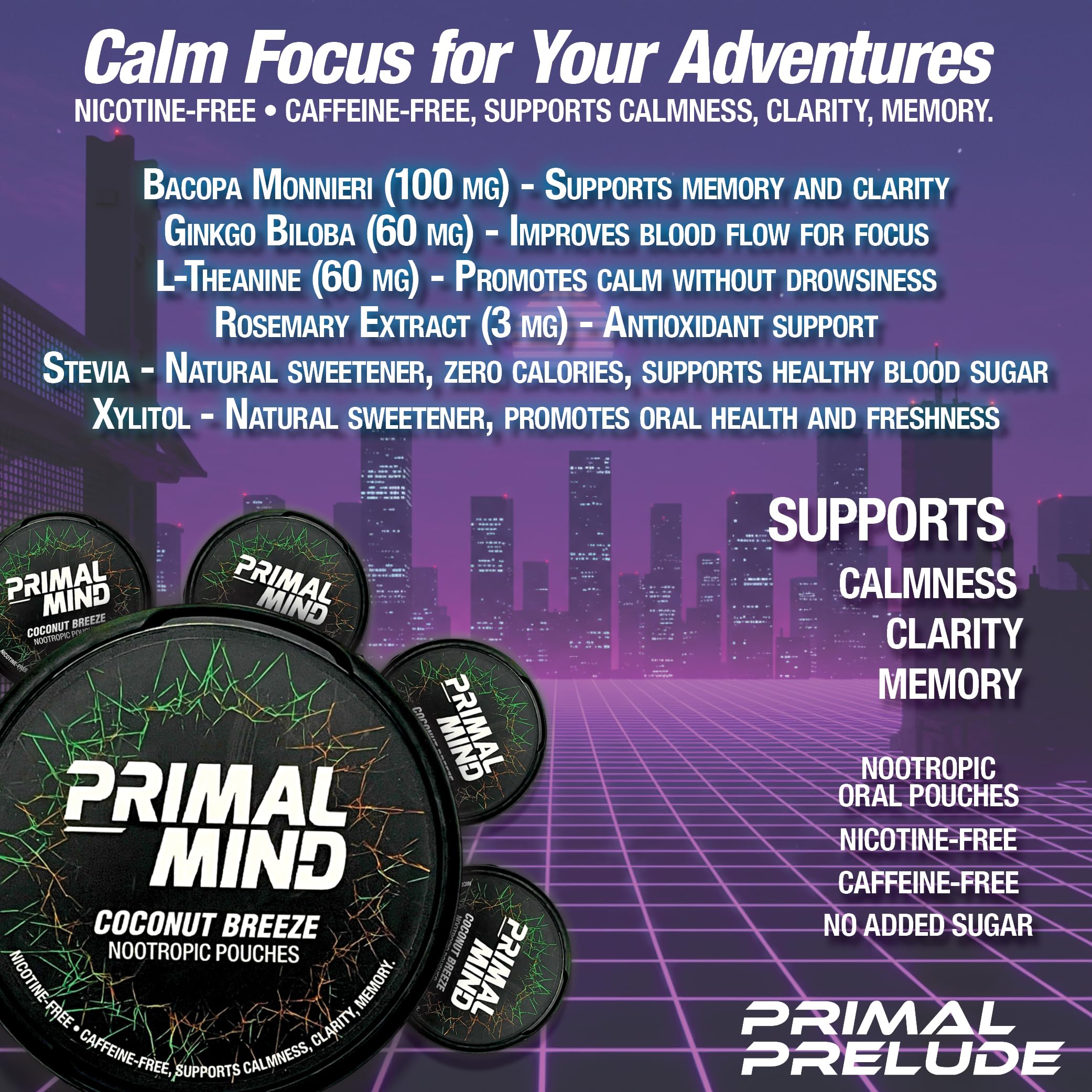 Primal Prelude Bacopa Monnieri pouch supporting steady mental clarity during tasks